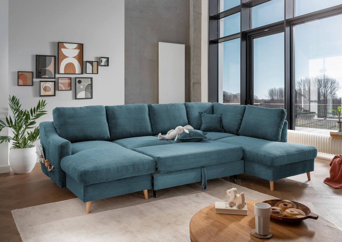 WOHNLANDSCHAFT in Cord Petrol  - Petrol/Naturfarben, KONVENTIONELL, Holz/Textil (150/301/200cm) - P & B