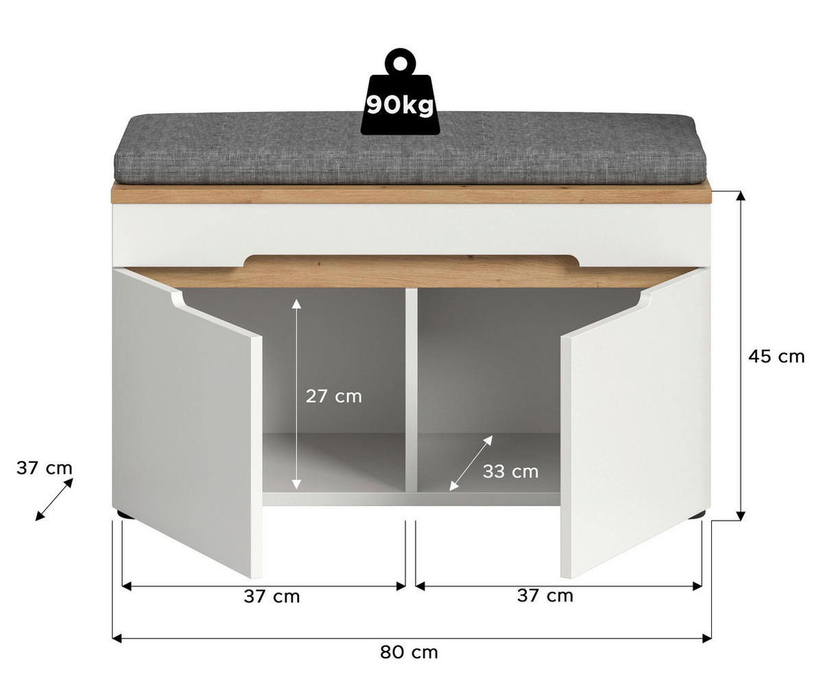 GARDEROBENBANK  in 80/45/37 cm  - Schwarz/Weiß, Design, Holzwerkstoff/Kunststoff (80/45/37cm) - MID.YOU