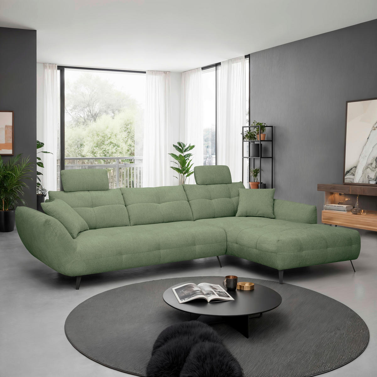 ECKSOFA Salbeigrün Chenille Armlehnenkissen, Rücken echt, Sitztiefenverstellung  - Salbeigrün/Schwarz, KONVENTIONELL, Textil/Metall (313/215cm) - Hom`in