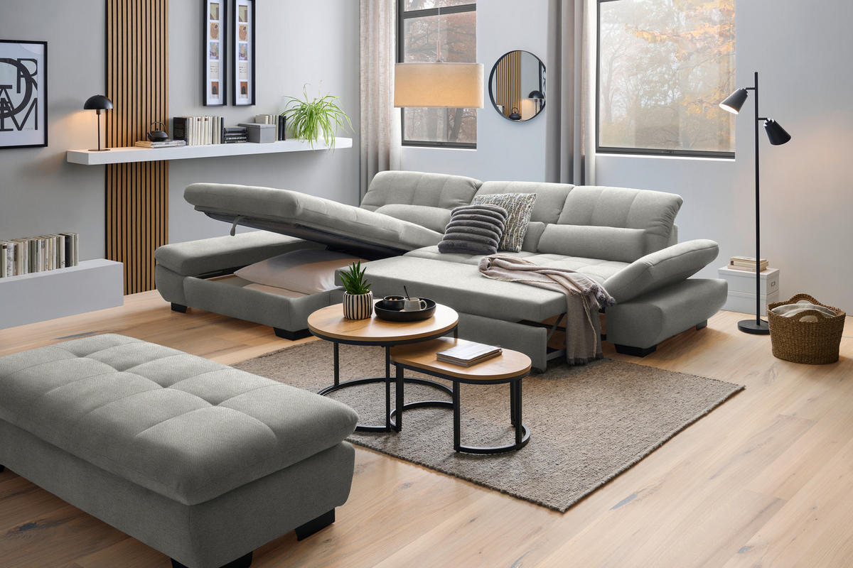 ECKSOFA Flachgewebe Hellgrau  - Hellgrau/Schwarz, Design, Textil/Metall (204/341cm) - Xora