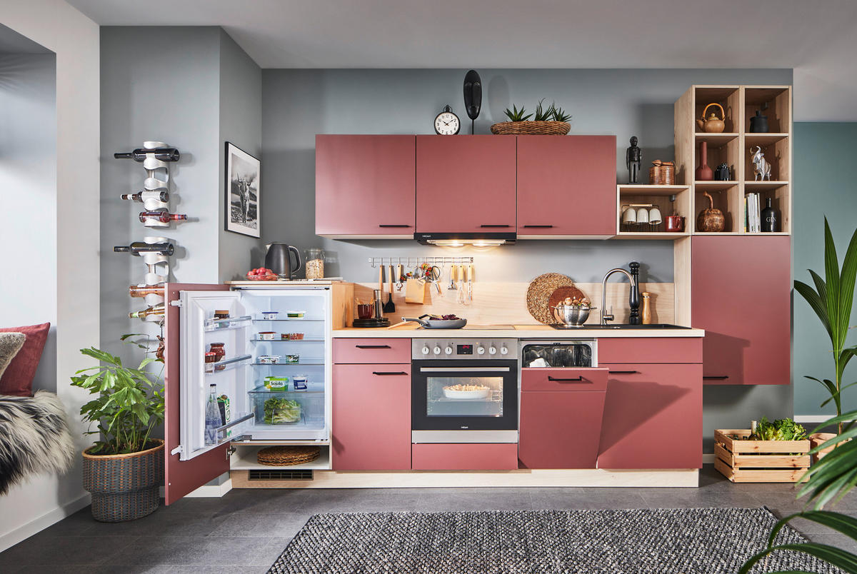 KÜCHENLEERBLOCK 330 cm   in Rot, Eichefarben  - Eichefarben/Rot, KONVENTIONELL, Holzwerkstoff/Metall (330cm) - Welnova