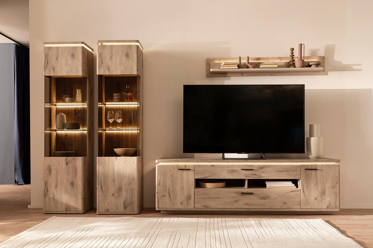 WOHNWAND 4-teilig  in Eichefarben  330/208/50 cm  - Eichefarben/Anthrazit, KONVENTIONELL, Glas/Holzwerkstoff (330/208/50cm) - Cantus