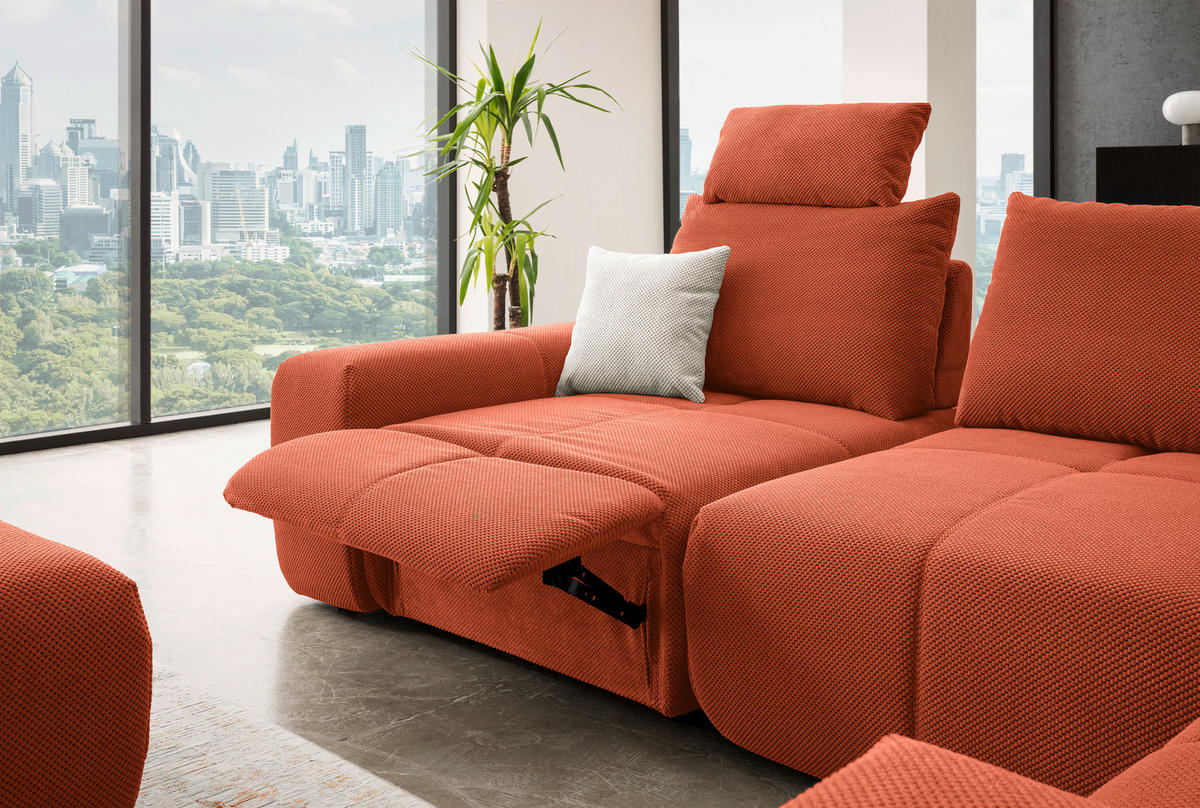 ECKSOFA in Velours Terracotta  - Terracotta/Schwarz, Design, Kunststoff/Textil (326/236cm) - Xora