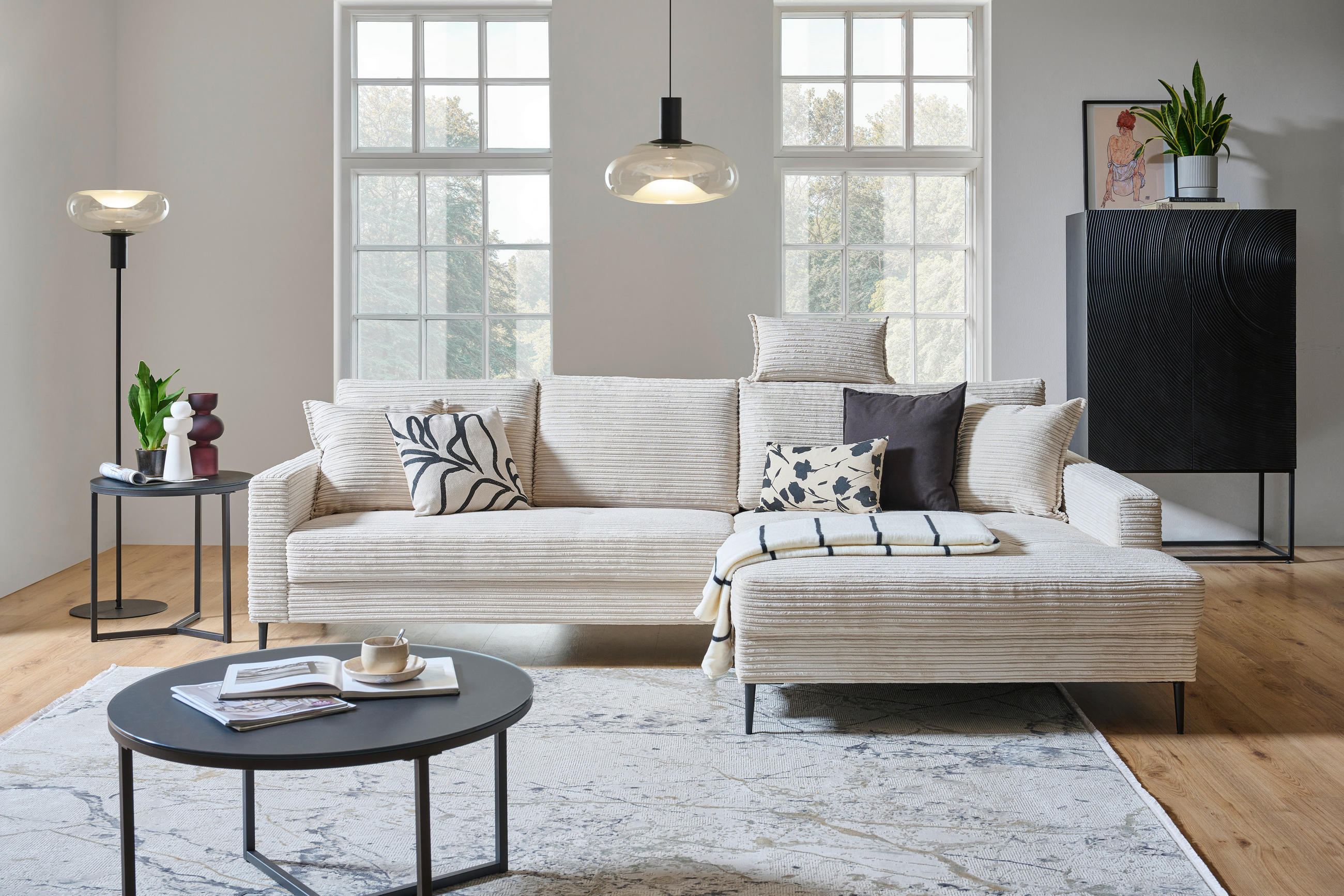 ECKSOFA in Cord Creme  276/173 cm  - Creme/Schwarz, KONVENTIONELL, Textil/Metall (276/173cm) - Carryhome