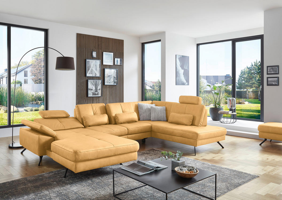 WOHNLANDSCHAFT in Lederlook, Mikrofaser Gelb  - Gelb/Schwarz, Design, Textil/Metall (345/220cm) - Beldomo System