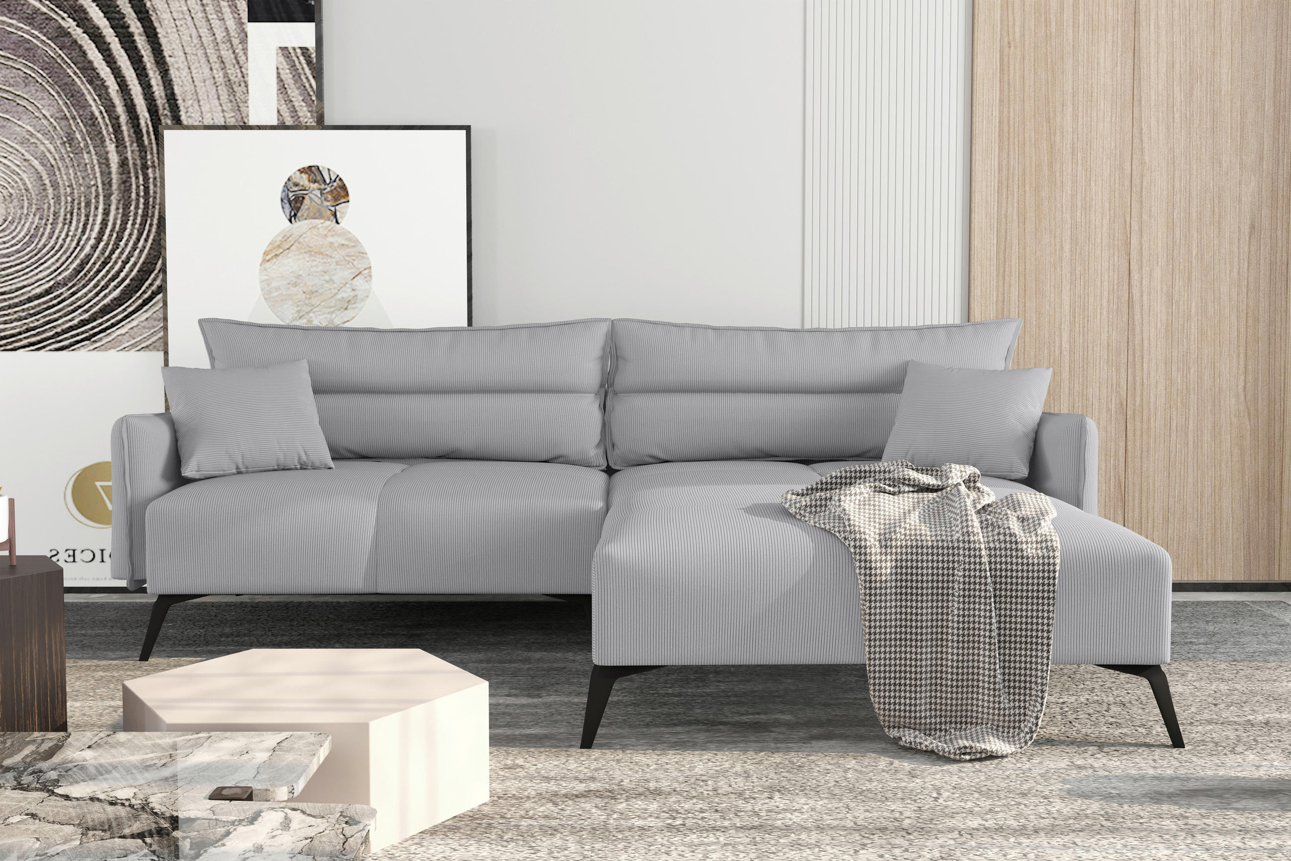 ECKSOFA in Cord Hellgrau  253/180 cm  - Hellgrau/Schwarz, KONVENTIONELL, Textil/Metall (253/180cm) - Carryhome