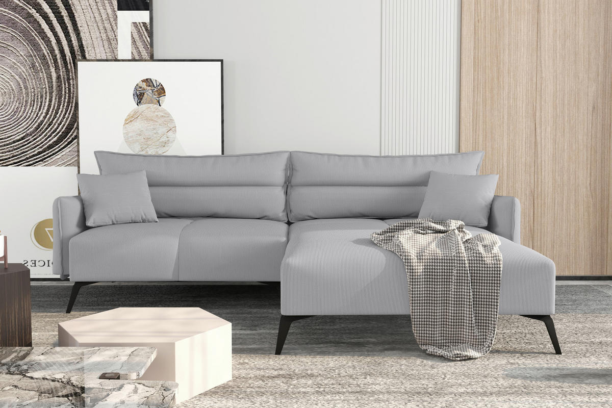 ECKSOFA in Cord Hellgrau  253/180 cm  - Hellgrau/Schwarz, KONVENTIONELL, Textil/Metall (253/180cm) - Carryhome