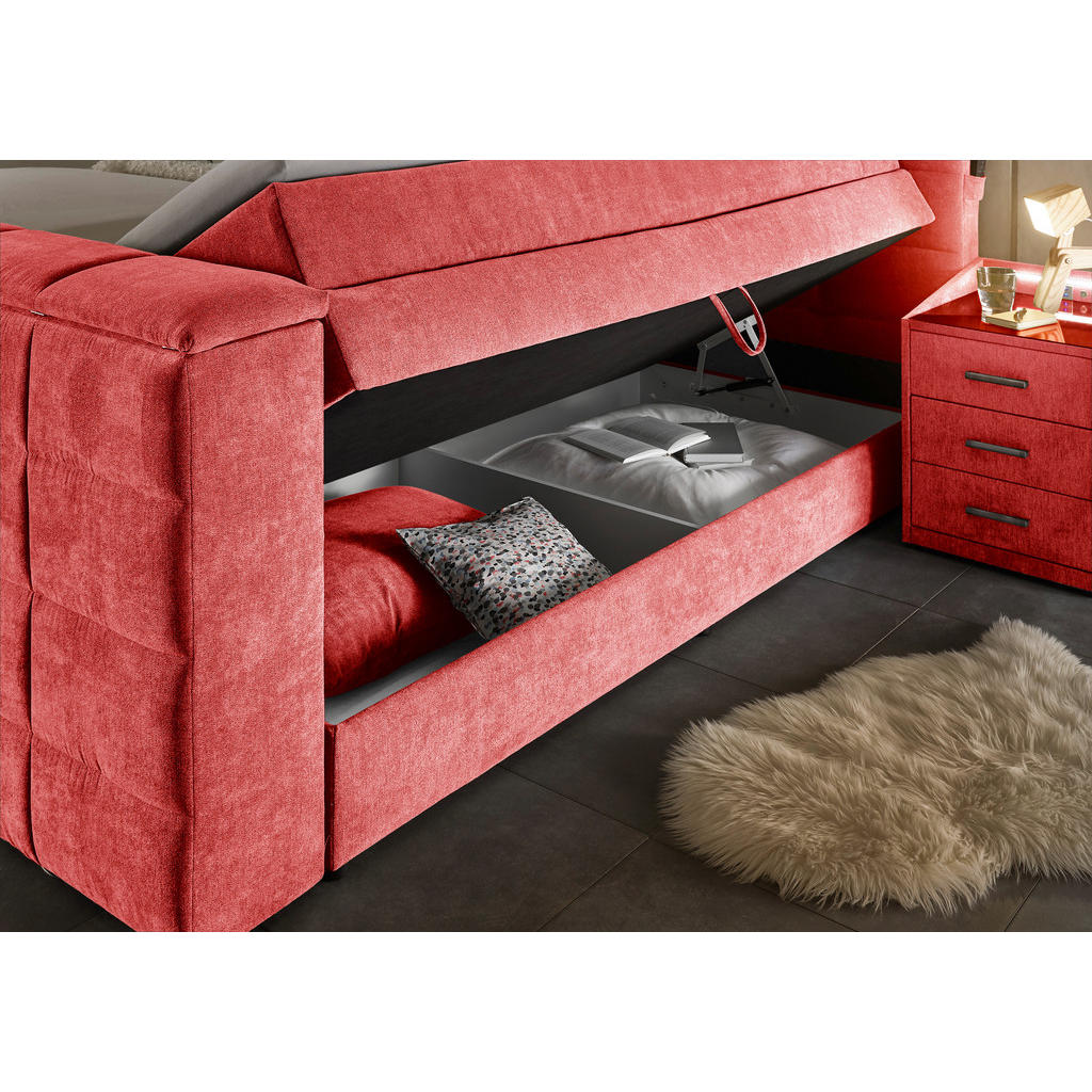 Thumbnail - Carryhome Boxspringbett, Rot, Textil, H2 + H3, 7-Zonen, Höhe ca. 18 cm, 180x200 cm, Bettkasten, gepolstertes Kopfteil, T...