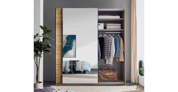 SCHWEBETÜRENSCHRANK 215/225,5/60,5 cm 2-türig Eichefarben  - Eichefarben/Schwarz, MODERN, Glas/Holzwerkstoff (215/225,5/60,5cm) - Xora