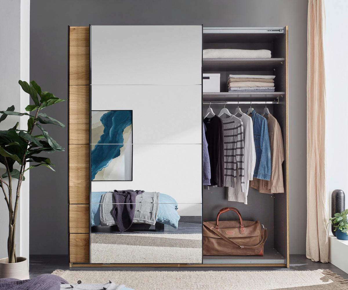 SCHWEBETÜRENSCHRANK Eichefarben  - Eichefarben/Schwarz, Modern, Glas/Holzwerkstoff (215/225,5/60,5cm) - Xora