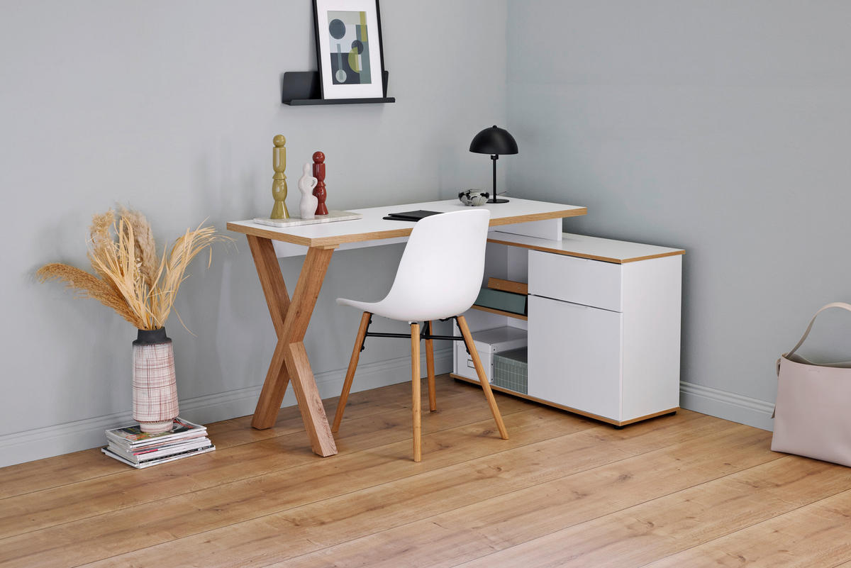 ECKSCHREIBTISCH 140/95/76 cm  in Weiss, Eichefarben  - Weiss/Eichefarben, Modern, Holzwerkstoff/Metall (140/95/76cm) - Livetastic