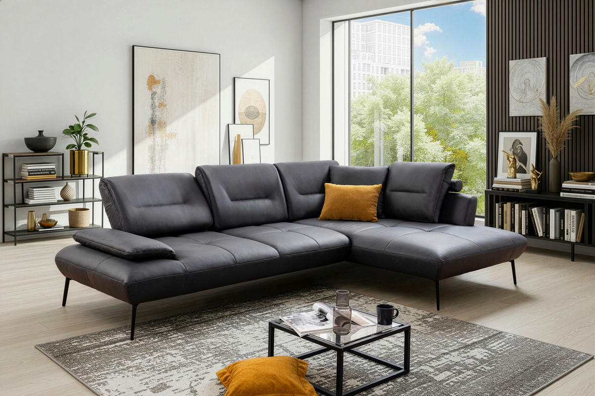ECKSOFA Anthrazit Echtleder Rücken echt, Sitztiefenverstellung  - Anthrazit/Schwarz, Design, Leder/Metall (320/190cm) - Moderano