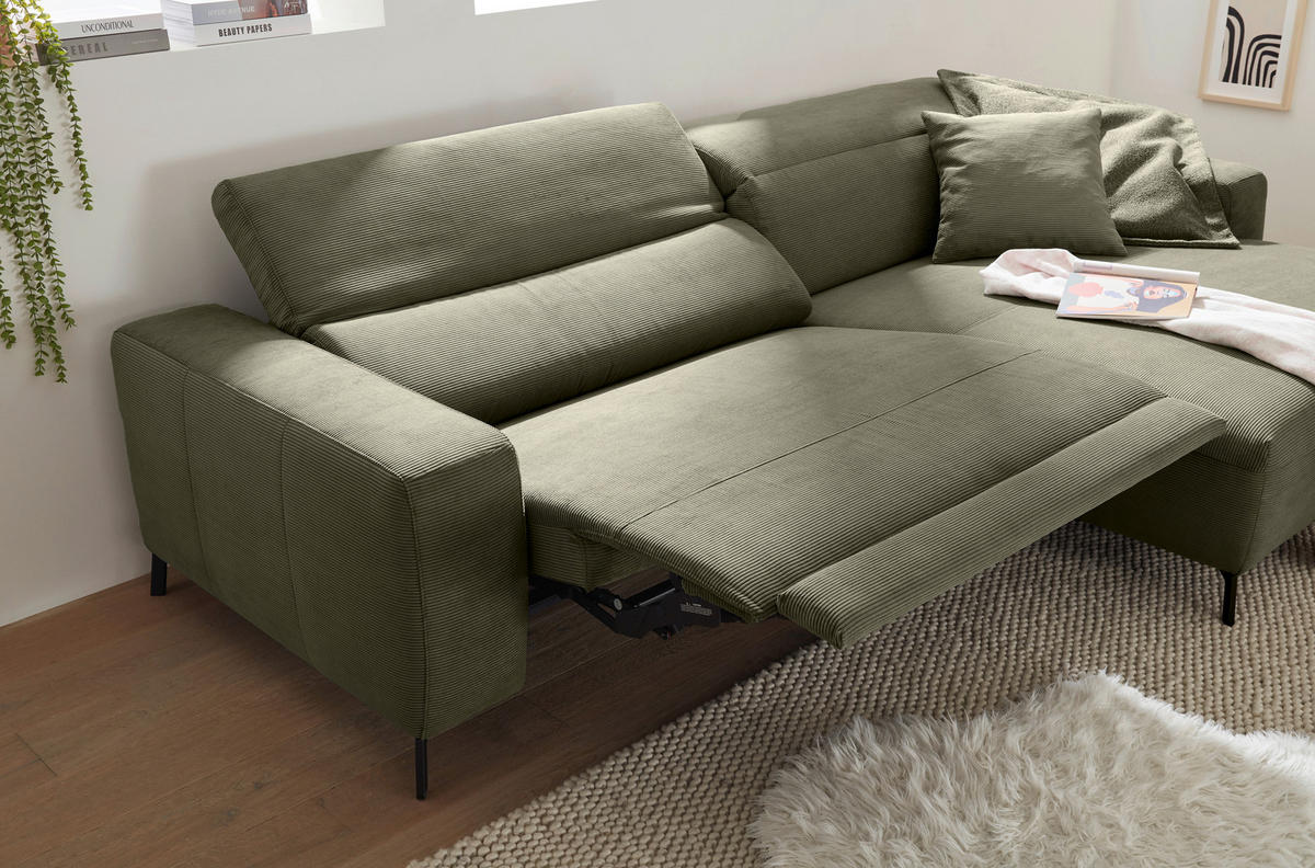 ECKSOFA in Feincord Olivgrün  - Schwarz/Olivgrün, Design, Textil/Metall (294/172-177cm) - Pure Home Lifestyle