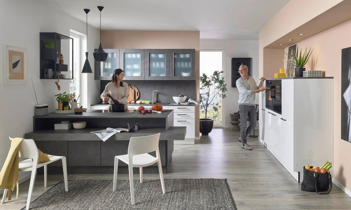 EINBAUKÜCHE L16  - Weiß Hochglanz/Grau, Design, Holzwerkstoff - Dieter Knoll