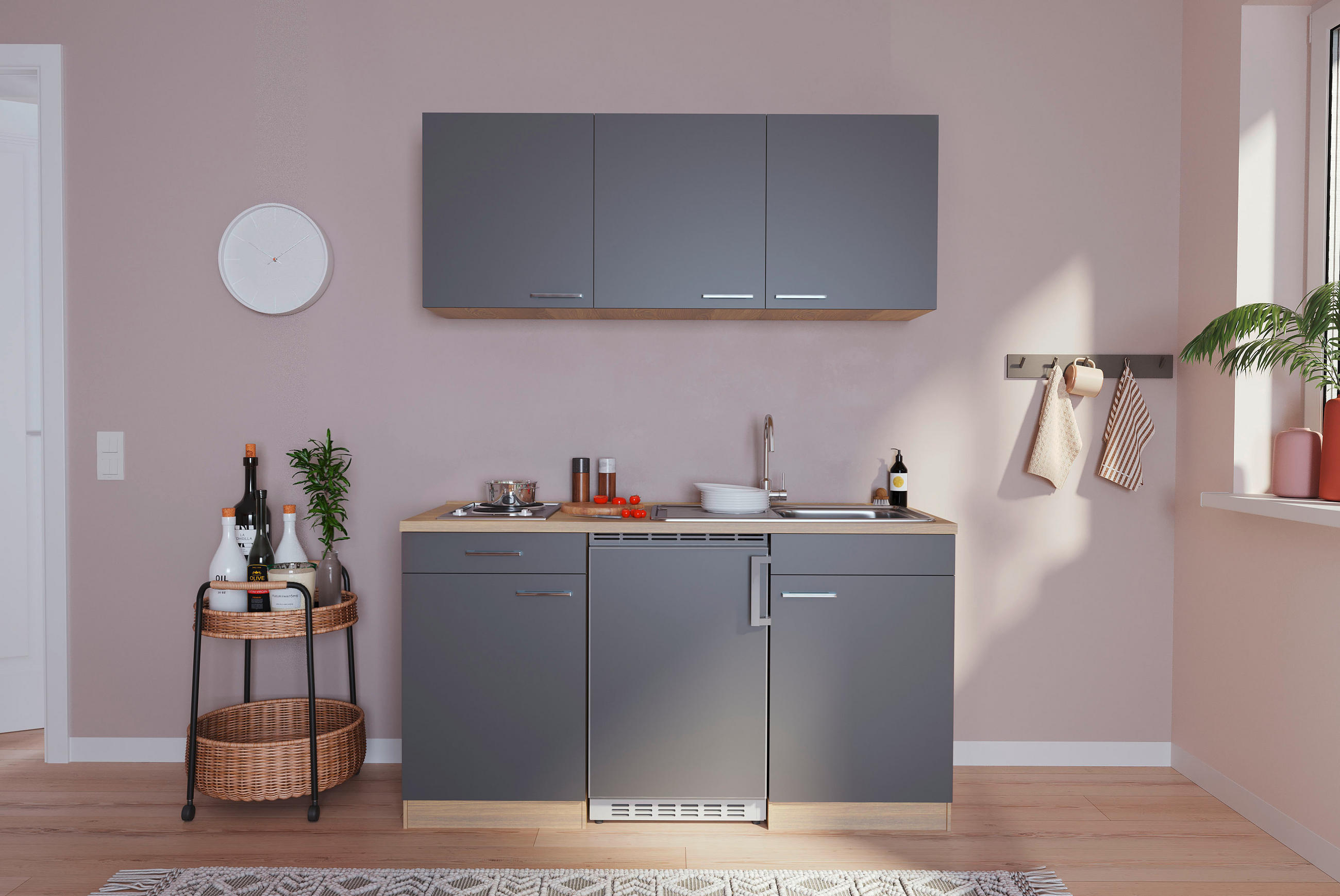 Miniküche Mit Kühlschrank + Kochfeld 150 Cm Grau/eichef.