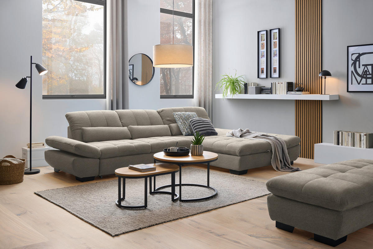 ECKSOFA Flachgewebe Greige  - Greige/Schwarz, Design, Textil/Metall (341/204cm) - Xora