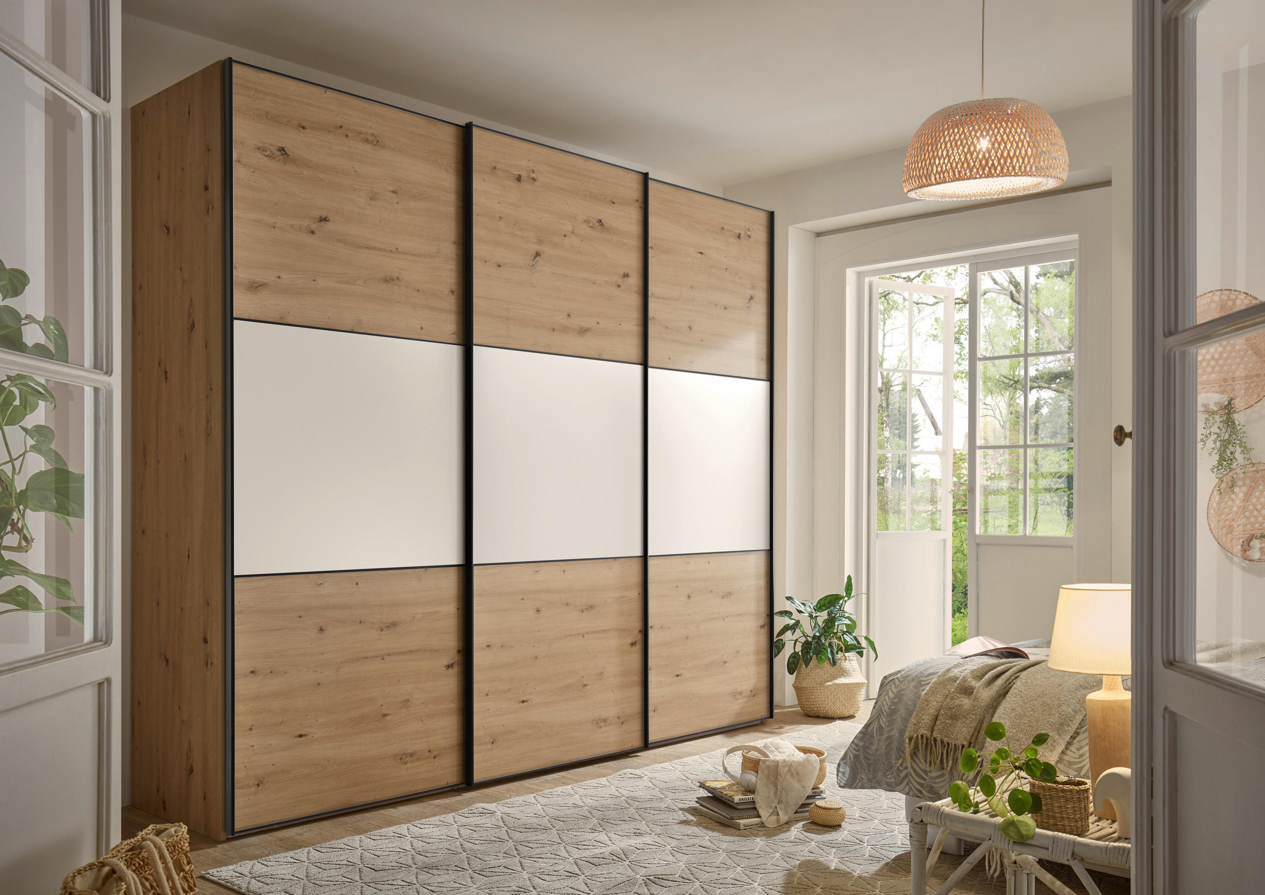 SCHWEBETÜRENSCHRANK in Weiss, Eiche Artisan  - Weiss/Schwarz, Holzwerkstoff/Metall (280/222/68cm) - Moderano