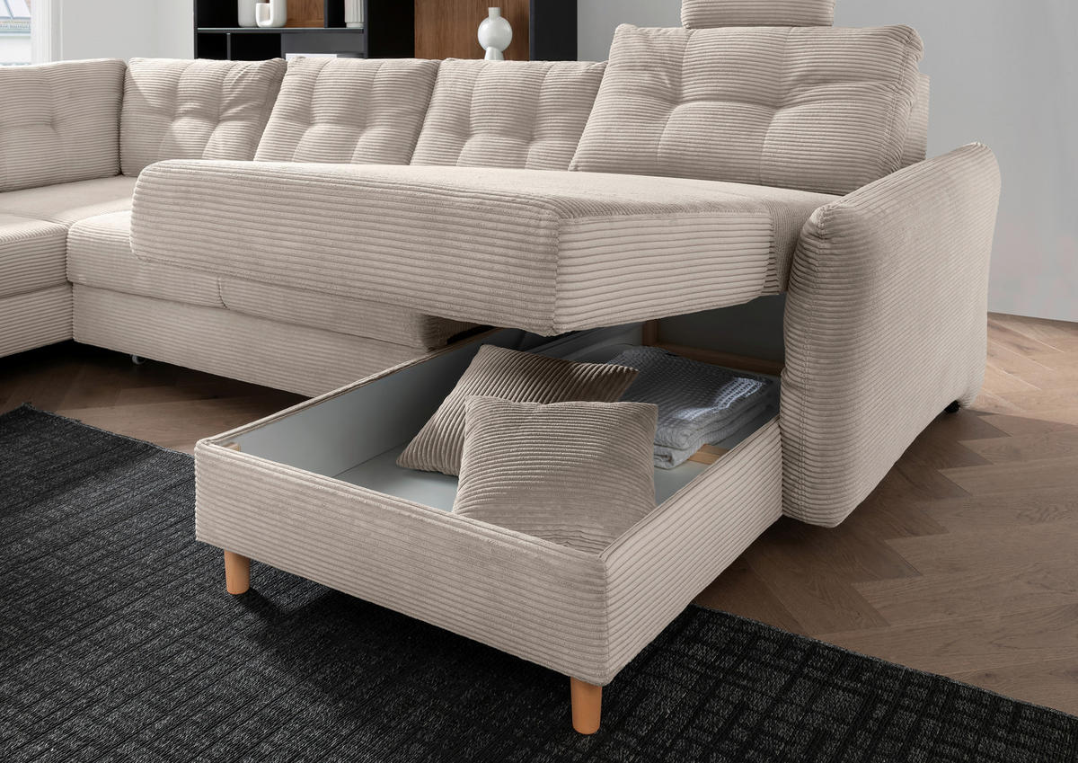 WOHNLANDSCHAFT in Cord Beige  - Beige/Naturfarben, Modern, Holz/Textil (206/338-352/176cm) - Livetastic