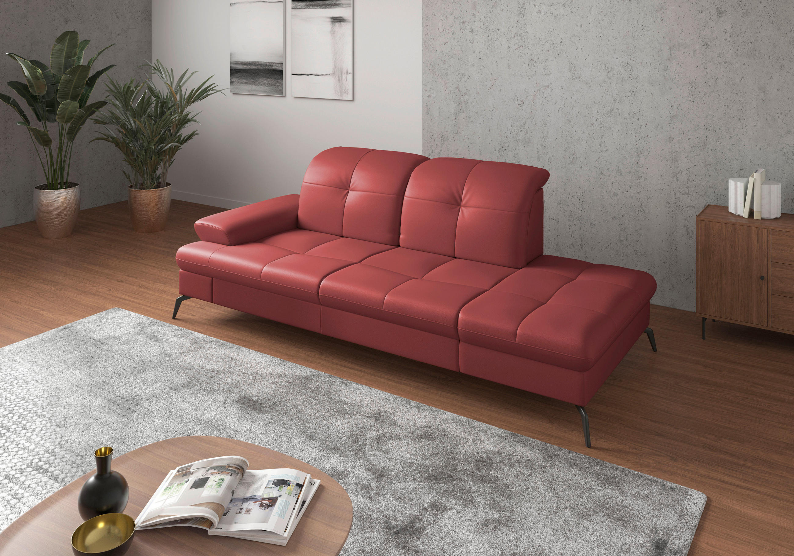 RÉCAMIERE Rot Kombination Echtleder/Stoff Vliesstoff  - Rot/Schwarz, KONVENTIONELL, Leder/Textil (231/90/122cm) - Sit & More