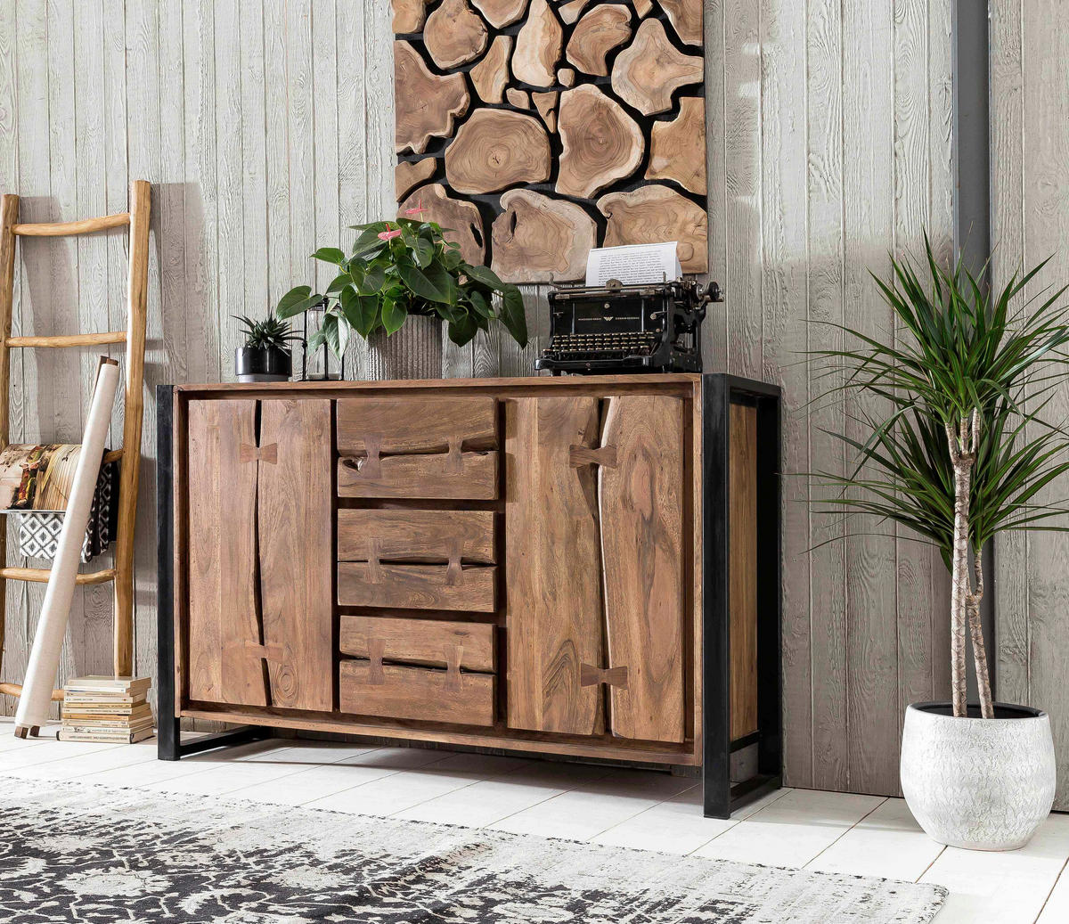 SIDEBOARD  140/90/40 cm 3 Schublade(n)  - Schwarz/Naturfarben, Design, Holz/Metall (140/90/40cm) - MID.YOU