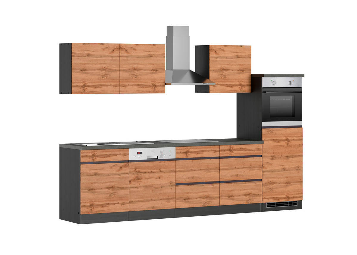 KÜCHENBLOCK 300 cm   in Graphitfarben, Eiche Wotan  - Eiche Wotan/Graphitfarben, Design, Holzwerkstoff (300cm) - Held