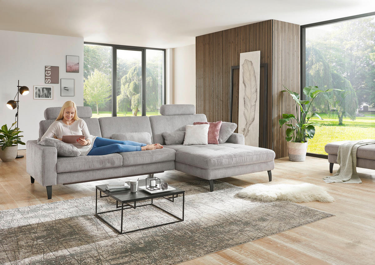 ECKSOFA in Cord Hellgrau  - Hellgrau/Schwarz, Modern, Textil/Metall (302/177cm) - Beldomo Style