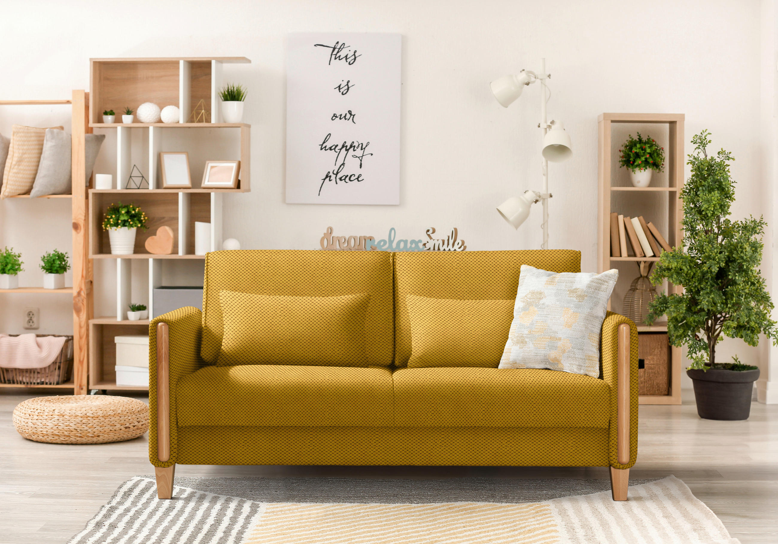 Thumbnail - Niels Andersson Schlafsofa, Buche, Currygelb, Holz, Textil, Buche, massiv, 2-Sitzer, Füllung: Schaumstoff,Schaumstoffflo...