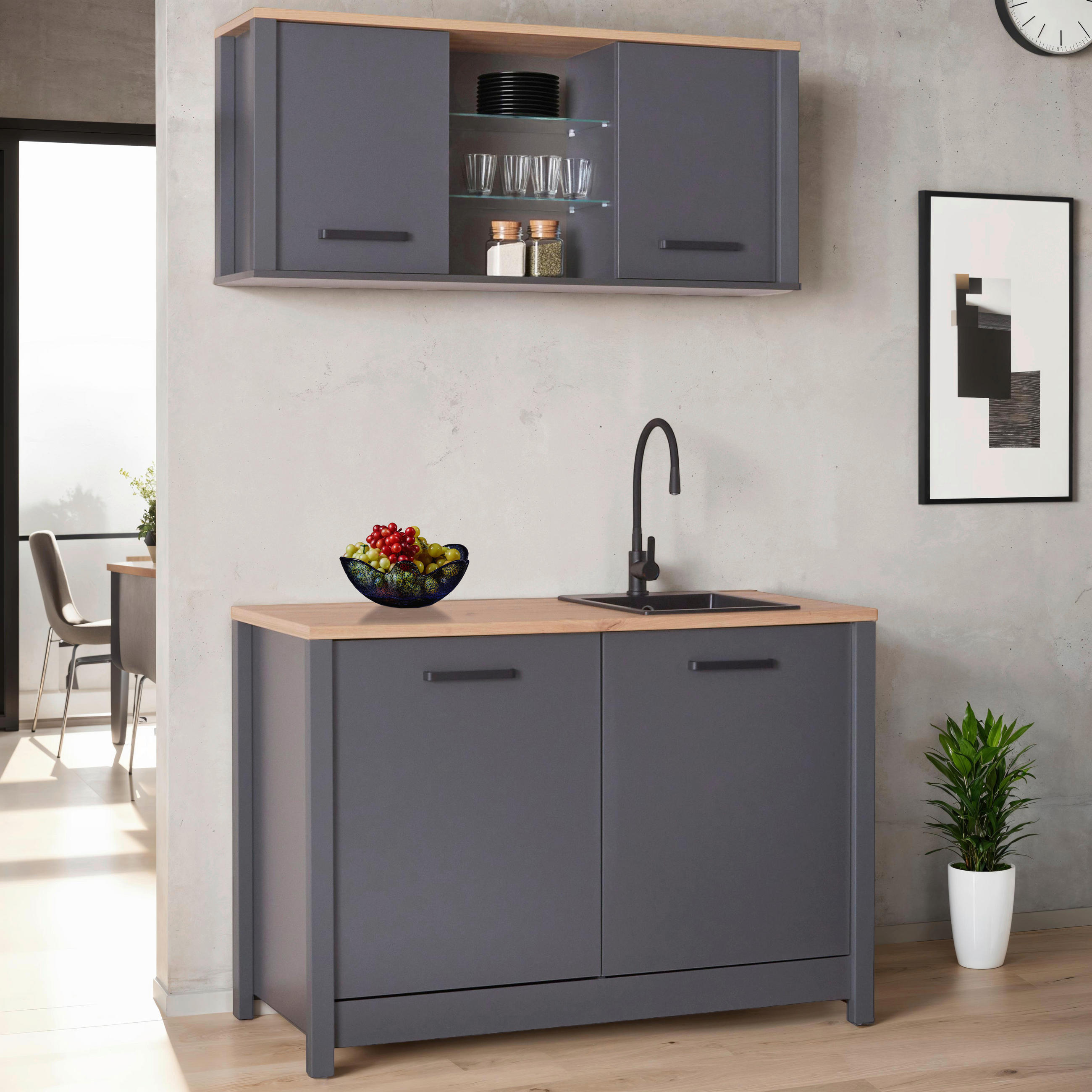 MINIKÜCHE   in Anthrazit, Eiche Artisan  - Anthrazit/Schwarz, MODERN, Glas/Holzwerkstoff (130/92/60cm) - home24