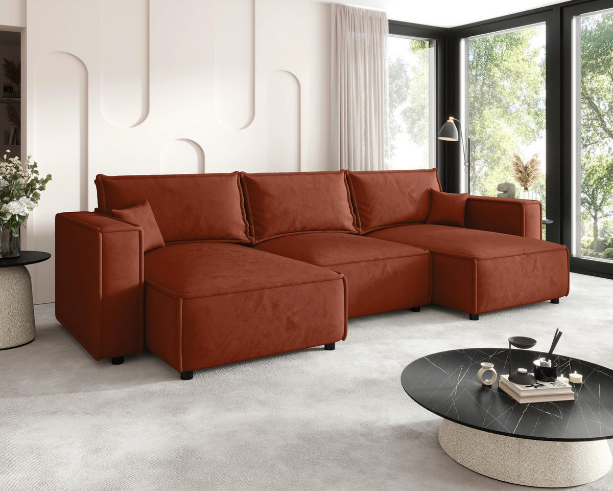 WOHNLANDSCHAFT Terracotta Webstoff  - Terracotta/Schwarz, MODERN, Kunststoff/Textil (153/350/153cm) - Xora