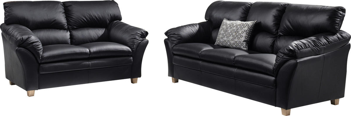 SITZGARNITUR Schwarz Echtleder  - Eichefarben/Schwarz, MODERN, Leder/Holz - Livetastic
