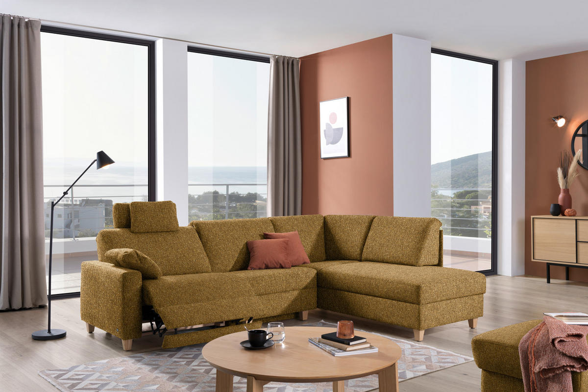 ECKSOFA  in Mikrovelours Senfgelb  261/203 cm  - Eichefarben/Senfgelb, KONVENTIONELL, Holz/Textil (261/203cm) - Sedda