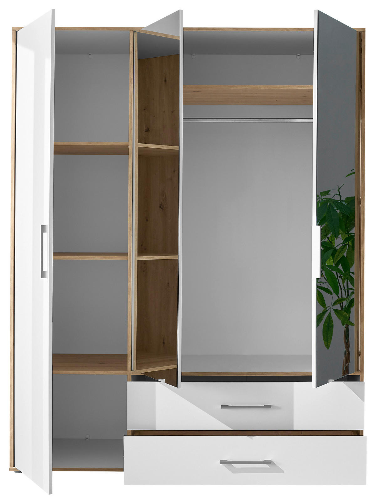 KLEIDERSCHRANK 155/195/60 cm 3-türig Weiß, Eiche Artisan  - Alufarben/Weiß, Basics, Glas/Holzwerkstoff (155/195/60cm)