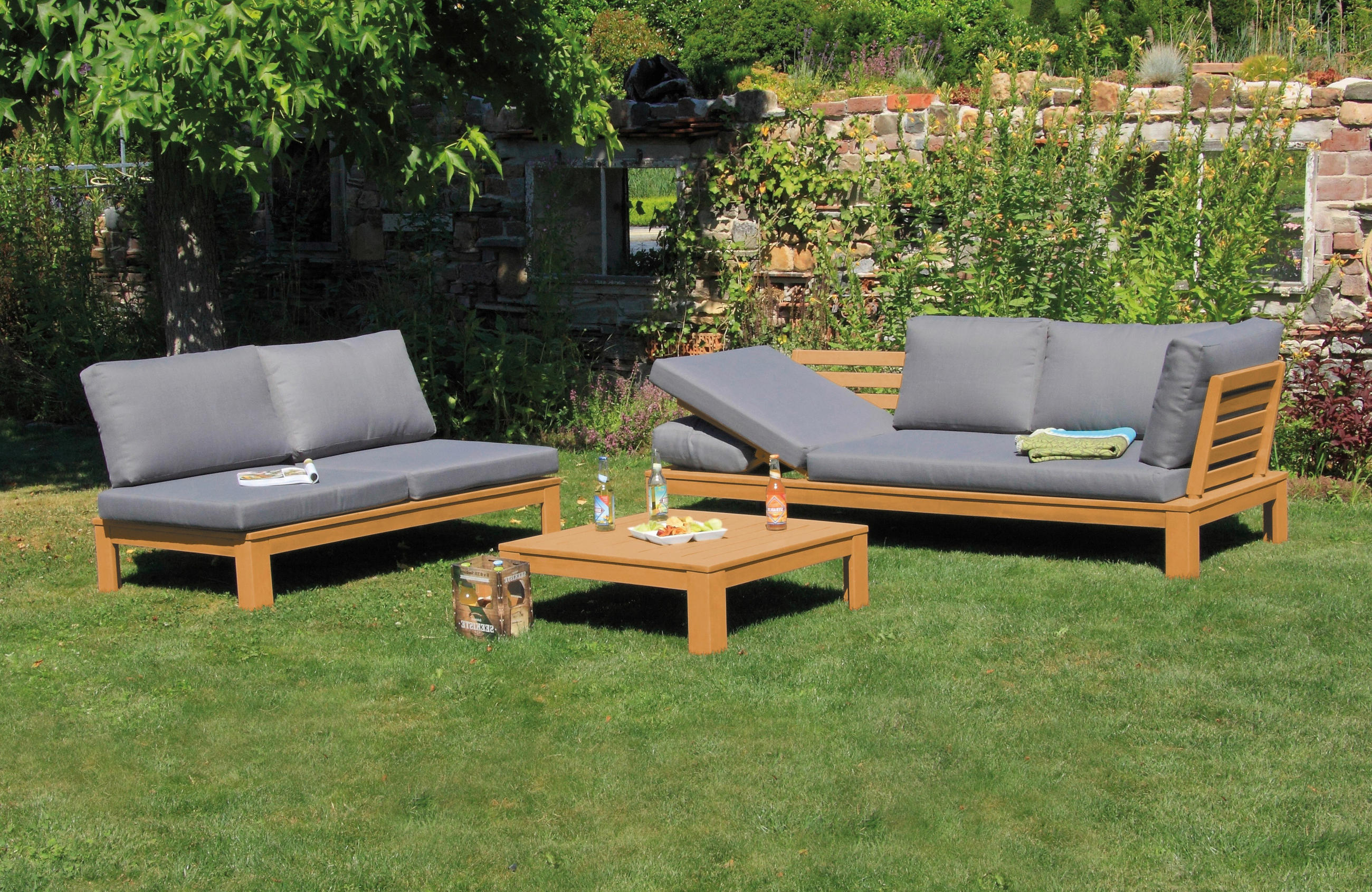 LOUNGEGARNITUR Akazie  - Grau/Akaziefarben, Basics, Holz/Textil (221/65/85cm) - Acamp