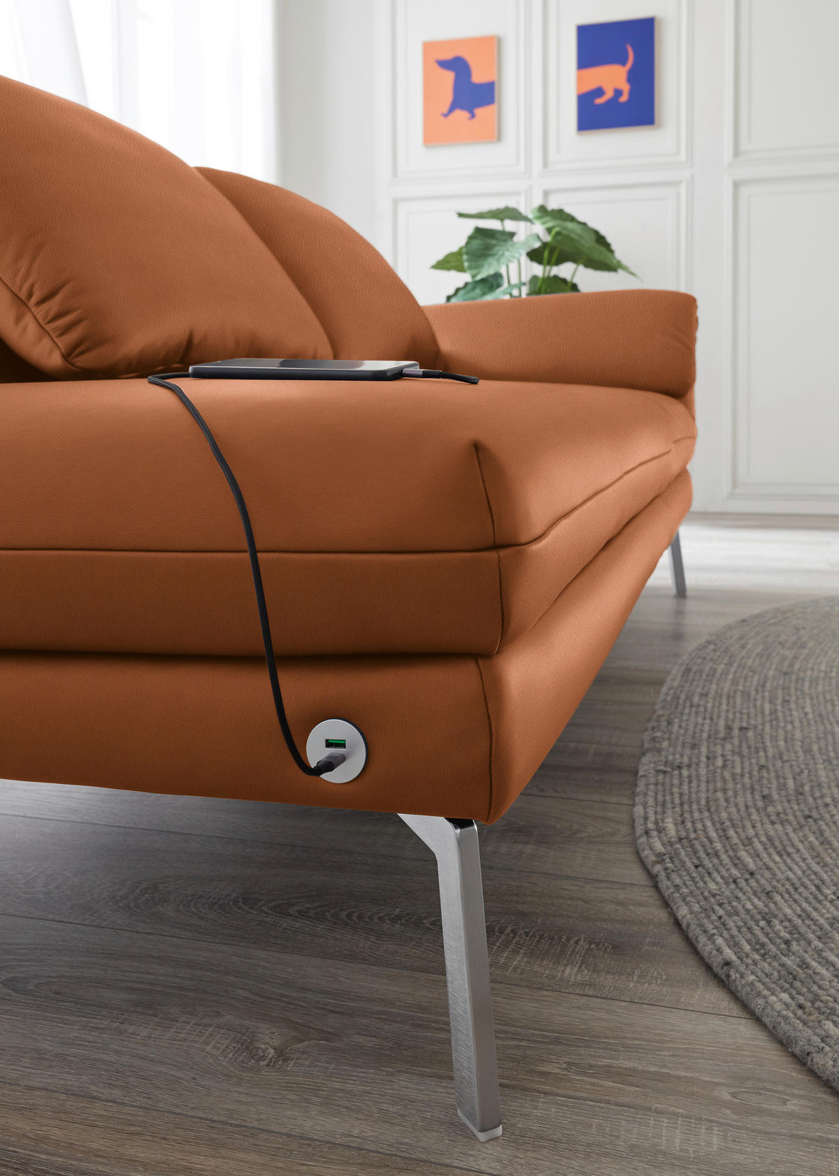 RÉCAMIERE in Echtleder Cognac  - Chromfarben/Cognac, Design, Leder/Metall (209/85-109/95-16cm) - Dieter Knoll