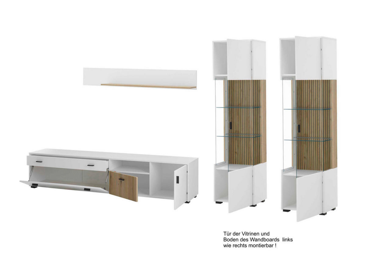 WOHNWAND 4-teilig  in Weiß, Eichefarben  316/180/42 cm  - Eichefarben/Schwarz, Design, Glas/Holzwerkstoff (316/180/42cm) - MID.YOU