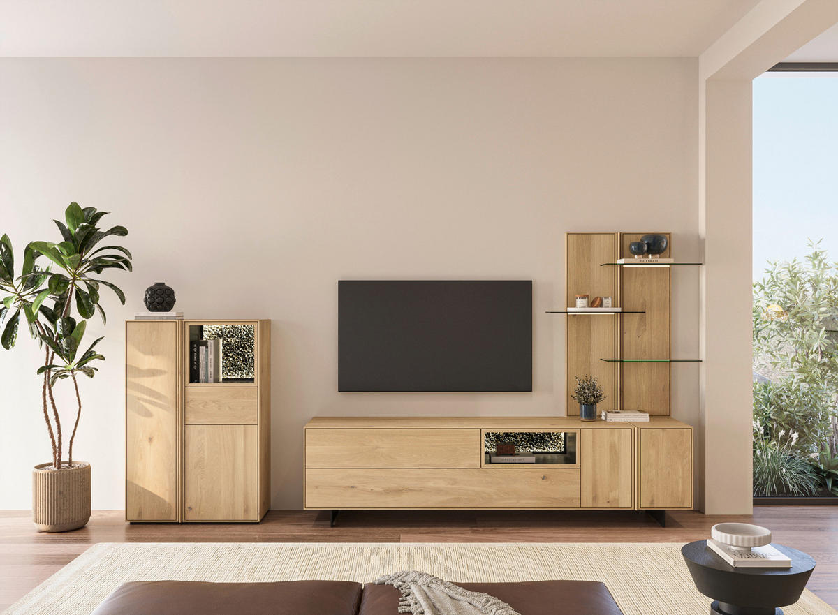 HIGHBOARD Eichefarben  83,4/127,5/41 cm  - Eichefarben, Natur, Glas/Leder (83,4/127,5/41cm) - Cassando