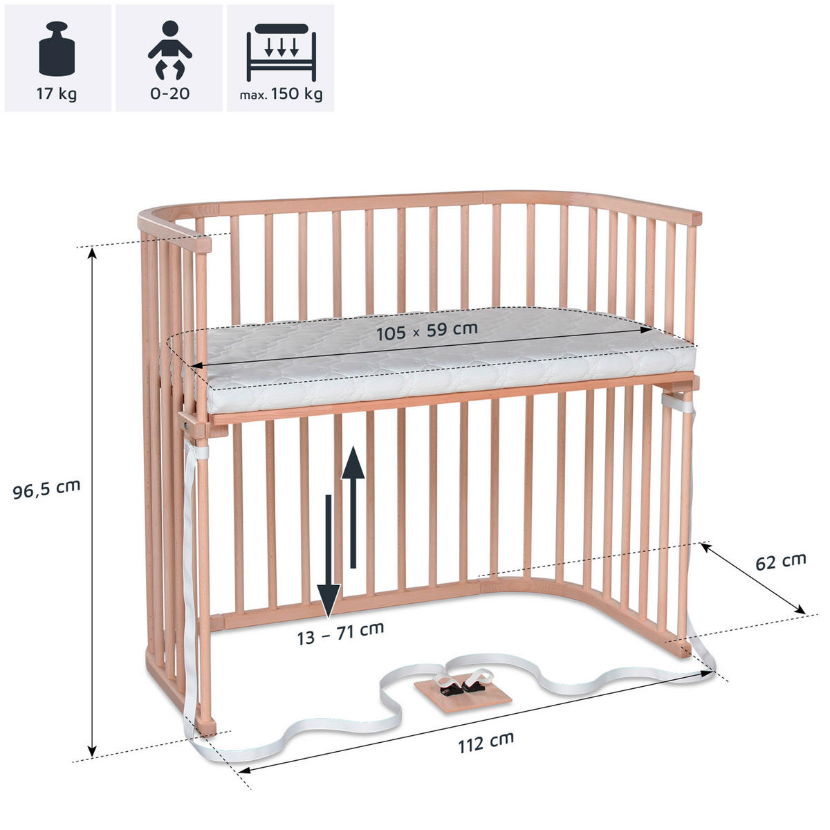 BEISTELLBETT 110/62/96,50 cm  - Naturfarben, Basics, Holz (110/62/96,50cm) - Babybay