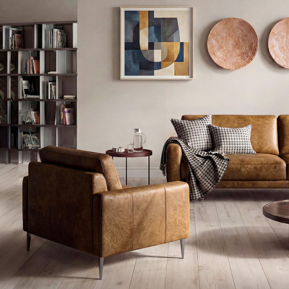 SESSEL 88/85/92 cm  in Lederlook Echtleder Cognac  - Cognac/Schwarzchrom, Design, Leder/Textil (88/85/92cm) - Livetastic