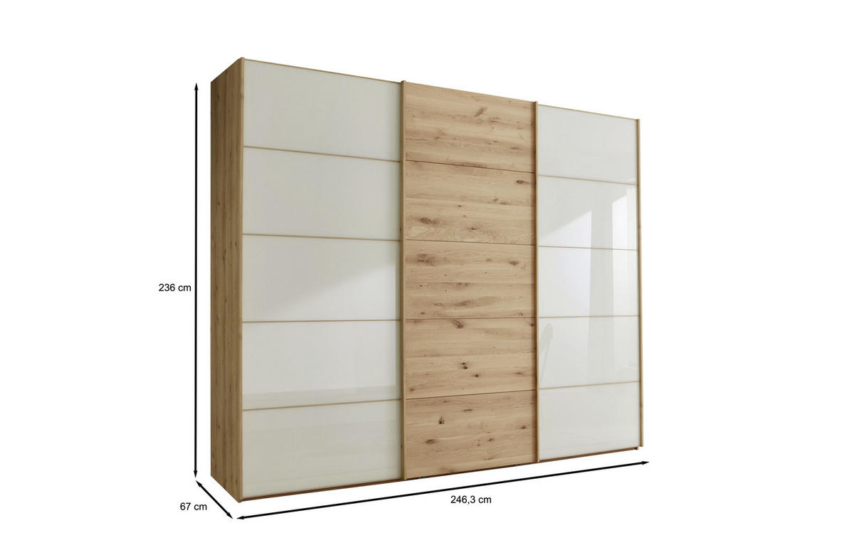 SCHWEBETÜRENSCHRANK  in Champagner, Eiche Bianco  - Eiche Bianco/Champagner, Natur, Glas/Holz (250/236/67cm) - Linea Natura