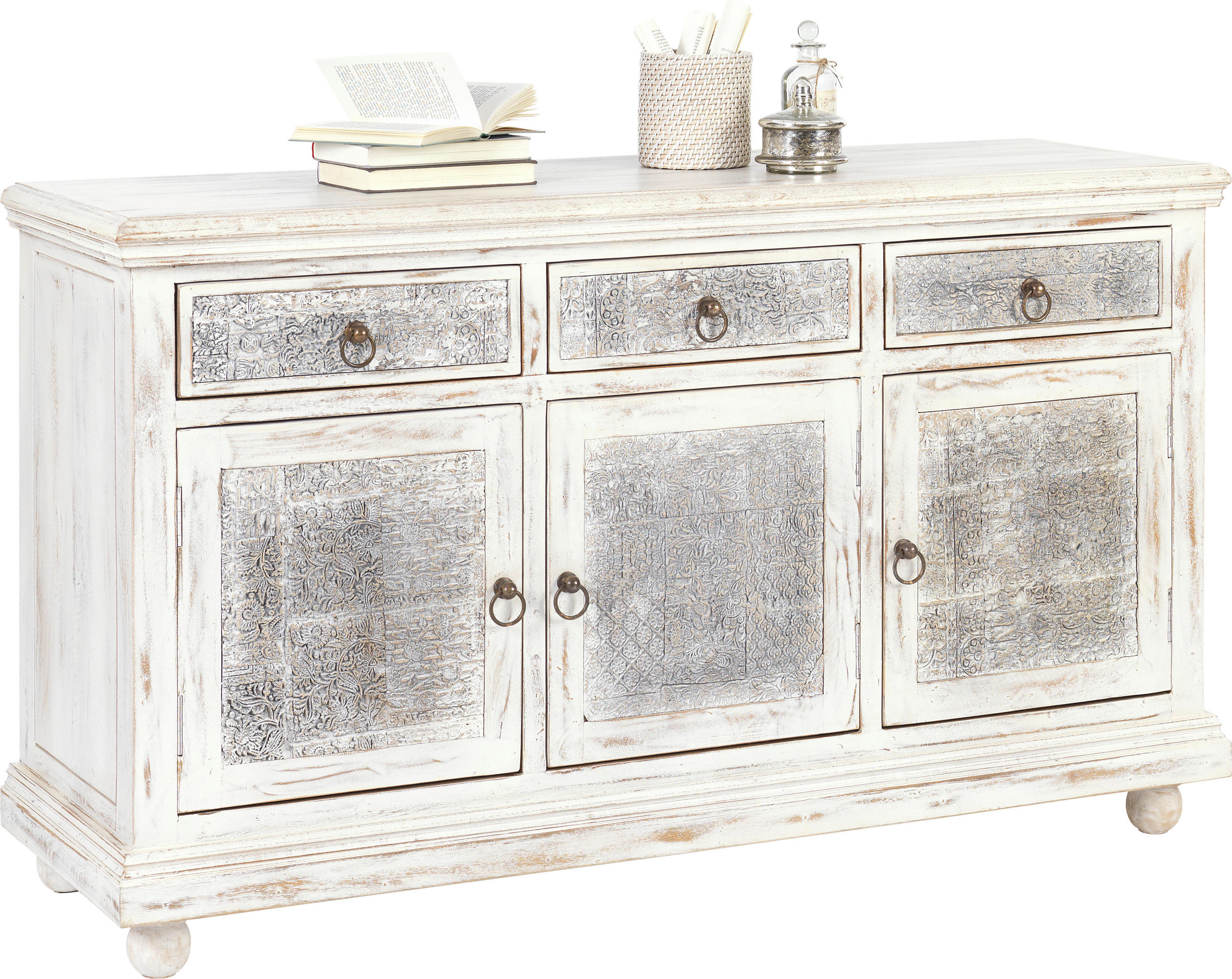 KOMODA, mangové drevo, sivá, biela, 145/85/45 cm