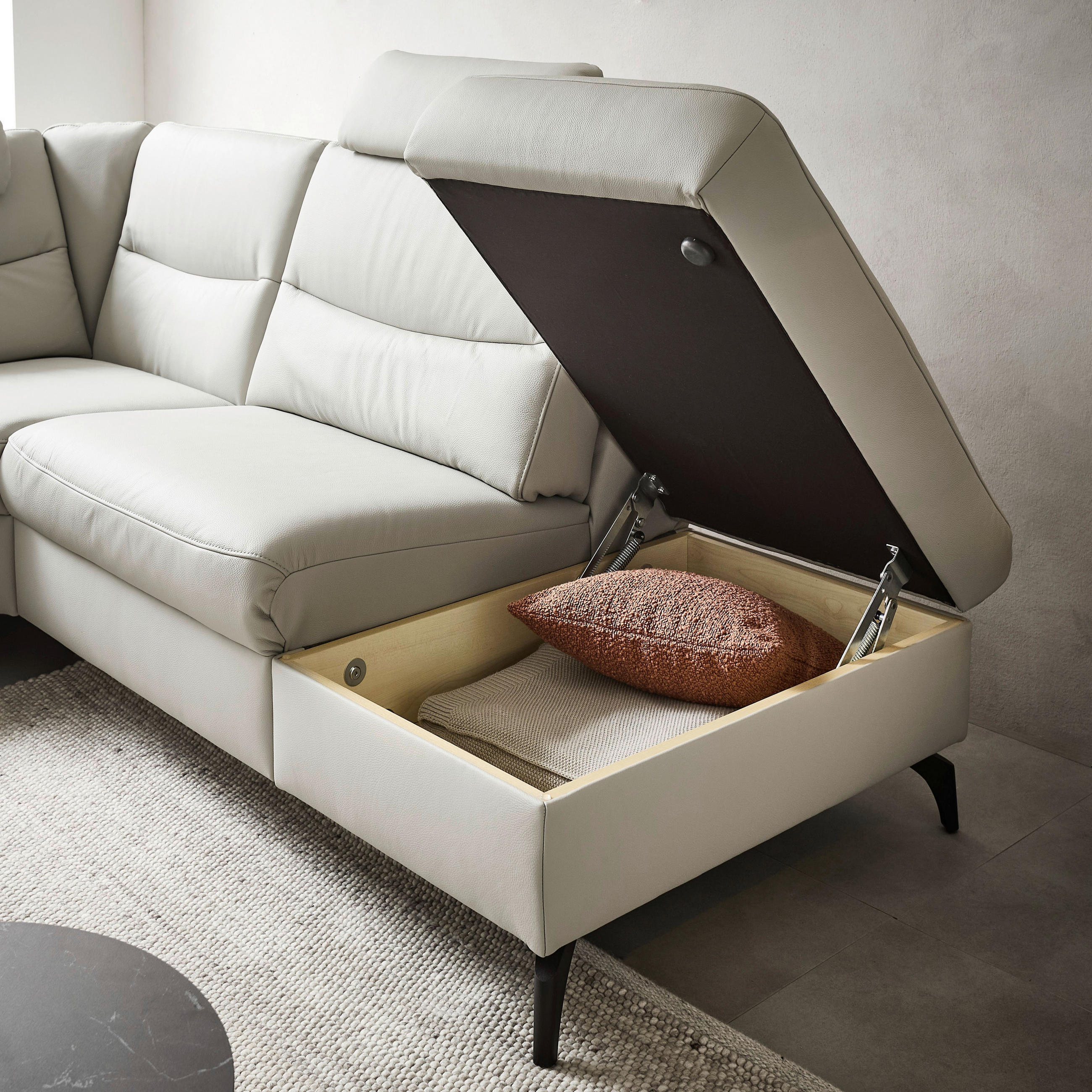 Thumbnail - Himolla Komfortklass Ecksofa, Hellgrau, Leder, Echtleder, Rindleder, 4-5-Sitzer, Ottomane rechts, L-Form, 280x249 cm, Bl...