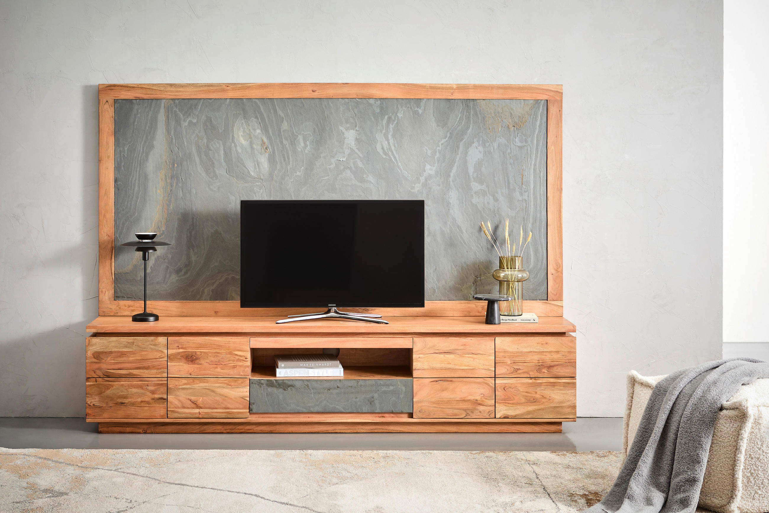 WOHNWAND 2-teilig  in Grau, Akaziefarben  240/173/40 cm  - Akaziefarben/Grau, KONVENTIONELL, Holz/Stein (240/173/40cm) - Livetastic