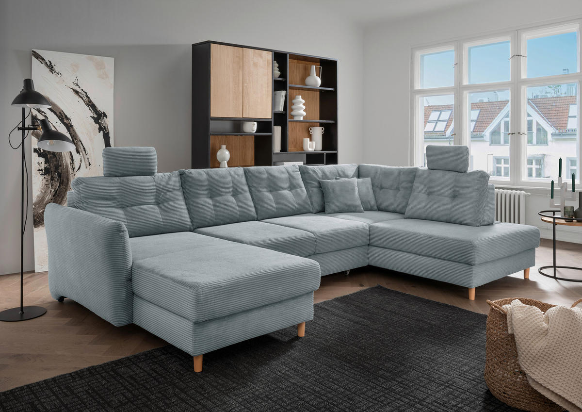 WOHNLANDSCHAFT in Cord Hellblau  - Naturfarben/Hellblau, Modern, Holz/Textil (176/338-352/206cm) - Livetastic