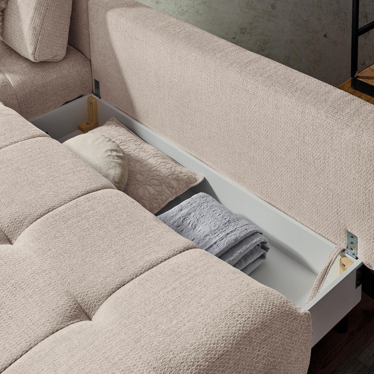 ECKSOFA Greige Chenille  - Greige/Schwarz, MODERN, Textil/Metall (182/290cm) - Hom`in