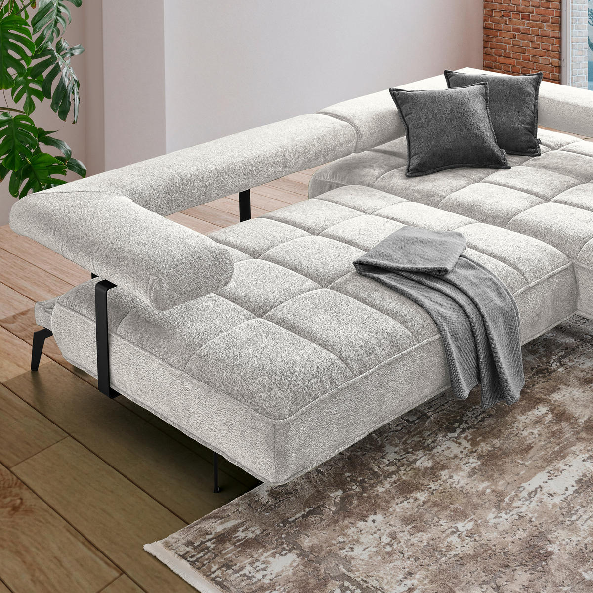 ECKSOFA in Webstoff Beige  - Beige/Schwarz, Design, Textil/Metall (266/180cm) - Welnova