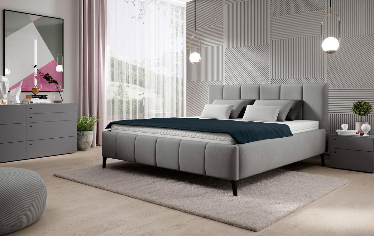POLSTERBETT gepolstertes Kopfteil, Lattenrost Grau 140/200 cm  - Schwarz/Naturfarben, Trend, Holz/Textil (140/200cm) - home24