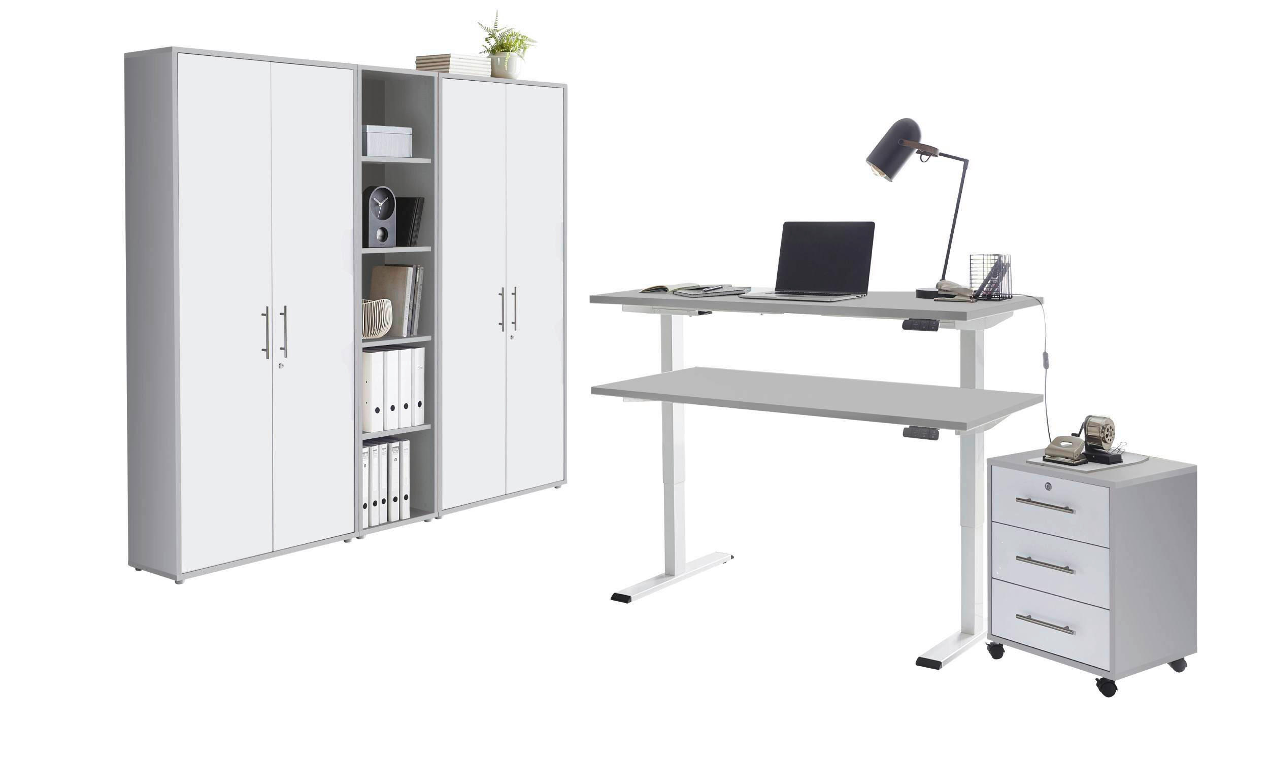 BÜRO erweiterbar, abschließbar Grau, Weiß - Weiß/Grau, MODERN, Holzwerkstoff/Metall - MID.YOU