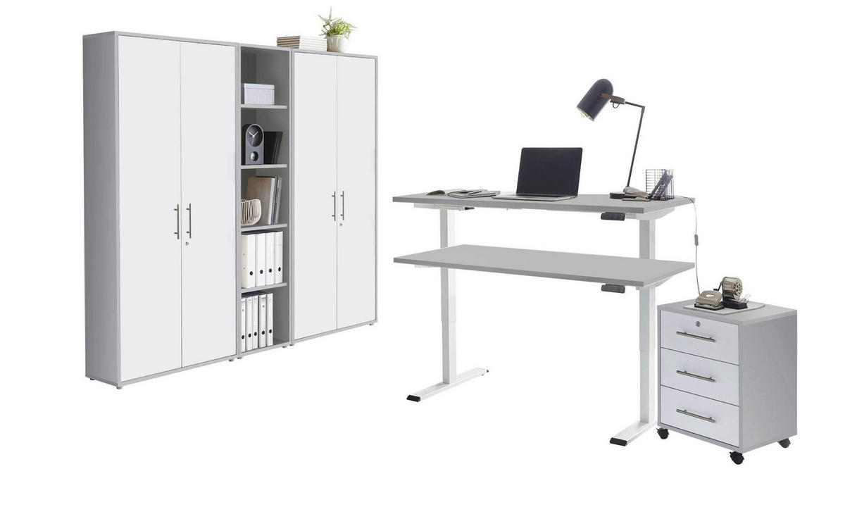 BÜRO erweiterbar, abschließbar Grau, Weiß - Weiß/Grau, MODERN, Holzwerkstoff/Metall - MID.YOU