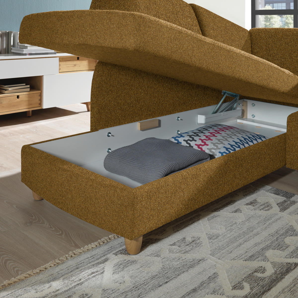 ECKSOFA  in Mikrovelours Senfgelb  208/227 cm  - Eichefarben/Rot, KONVENTIONELL, Holz/Textil (208/227cm) - Sedda