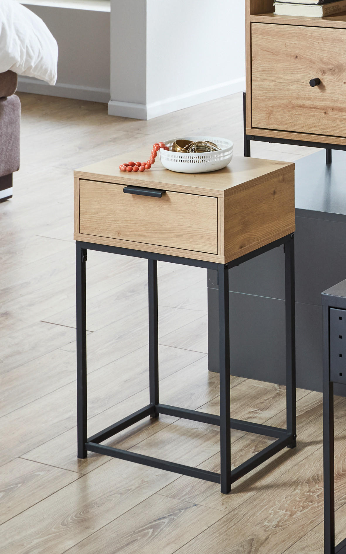 NACHTSCHRANK 40/60/40 cm - Eichefarben/Schwarz, MODERN, Holzwerkstoff/Metall (40/60/40cm)